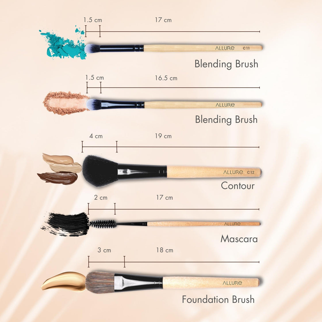 Allure Classic Ack-12 Pack Of 12 Makeup Brush Set With Travel Pouch