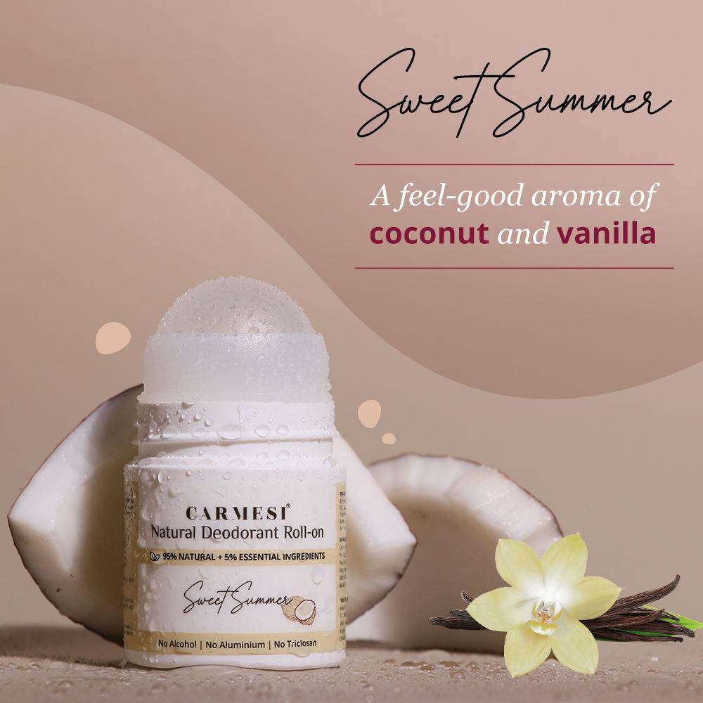 Carmesi Natural Deodorant Roll-on for Women - 95% Natural - No Aluminium - Sweet Summer - 50 ml