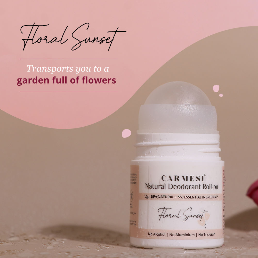 Carmesi Natural Deodorant Roll-on for Women - 95% Natural - No Aluminium - Floral Sunset - 50 ml