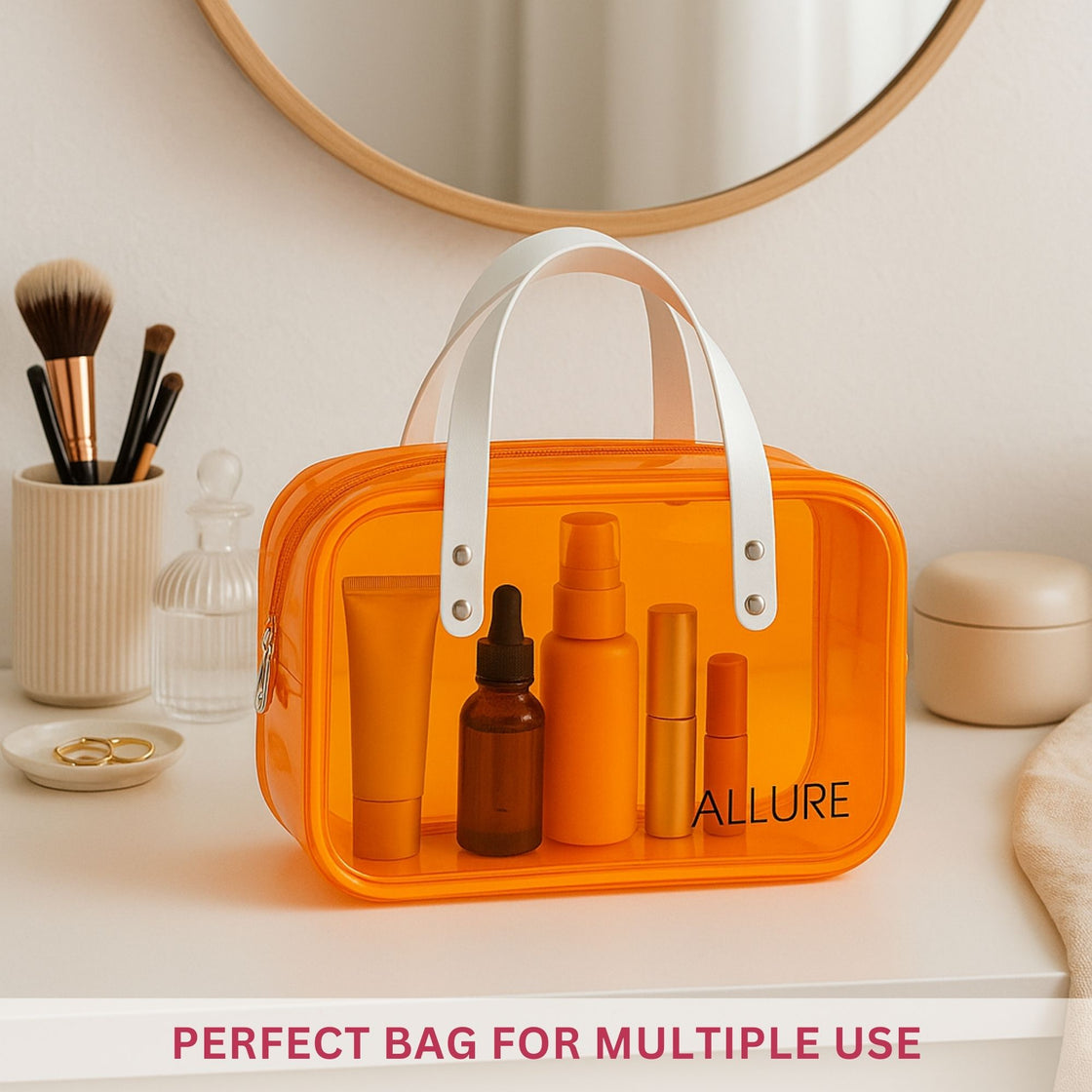 Allure Transparent Orange Travel Toiletry Bag with White Handles (AHBO_08)