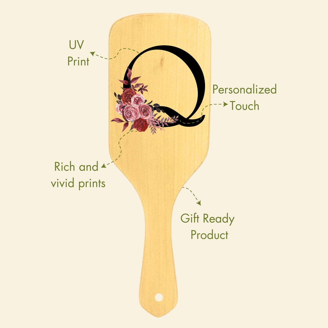 Allure Personalised wooden paddle hair brush with letter Q