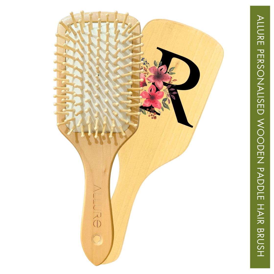 Allure Personalised wooden paddle hair brush with letter R