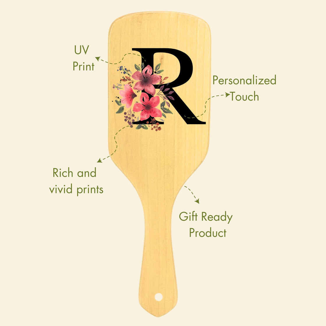 Allure Personalised wooden paddle hair brush with letter R