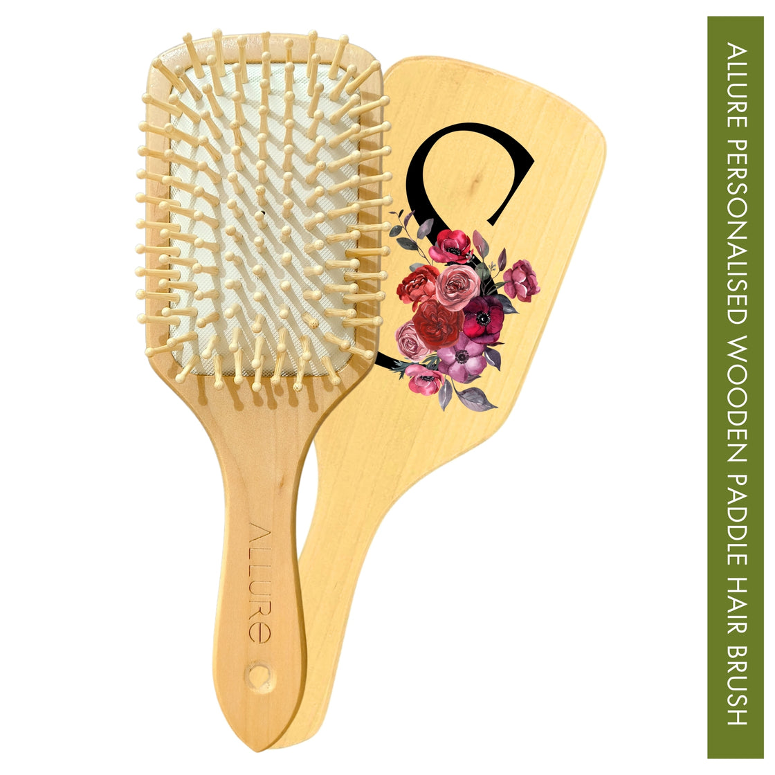 Allure Personalised wooden paddle hair brush with letter S
