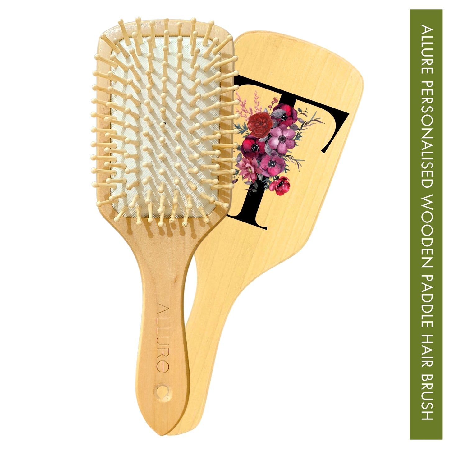 Allure Personalised wooden paddle hair brush with letter T