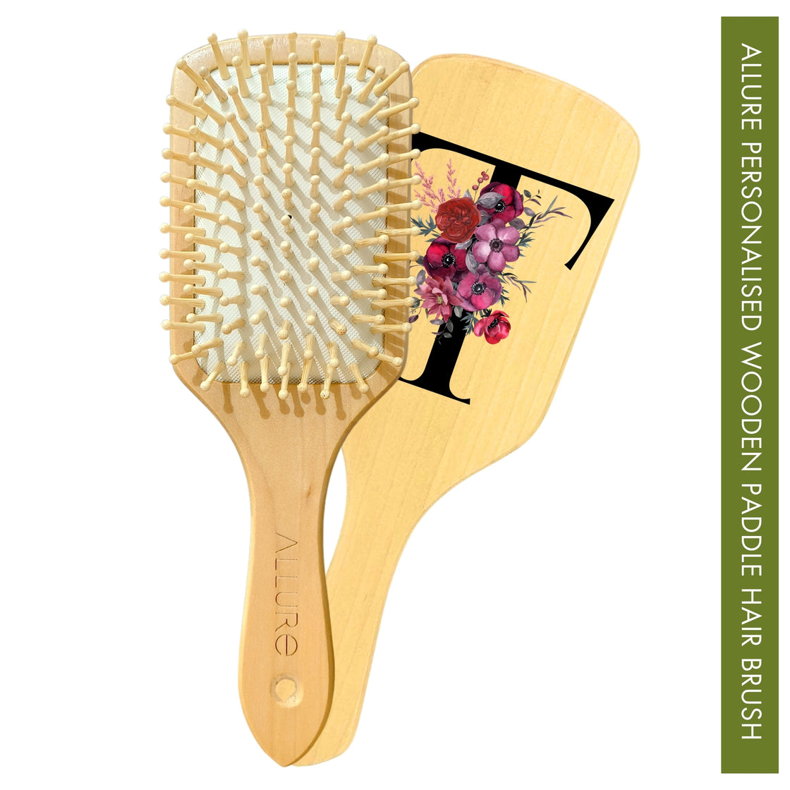 Allure Personalised wooden paddle hair brush with letter T