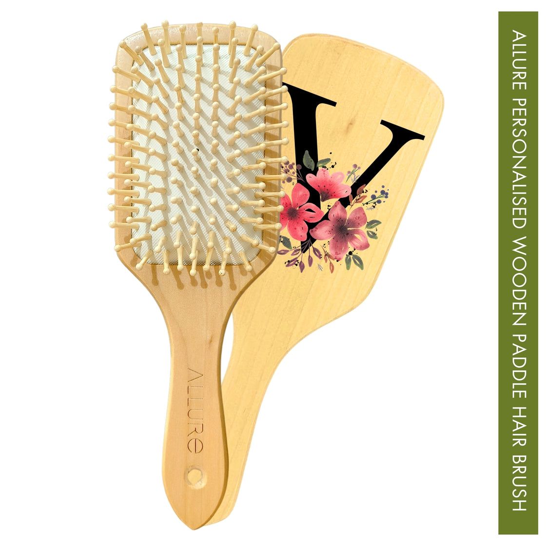 Allure Personalised wooden paddle hair brush with letter V