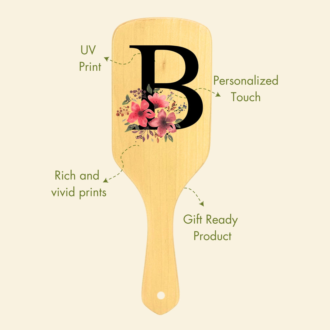 Allure Personalised wooden paddle hair brush with letter B
