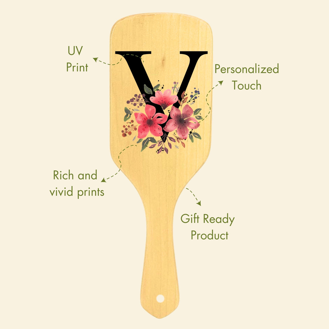  Allure Personalised wooden paddle hair brush with letter V