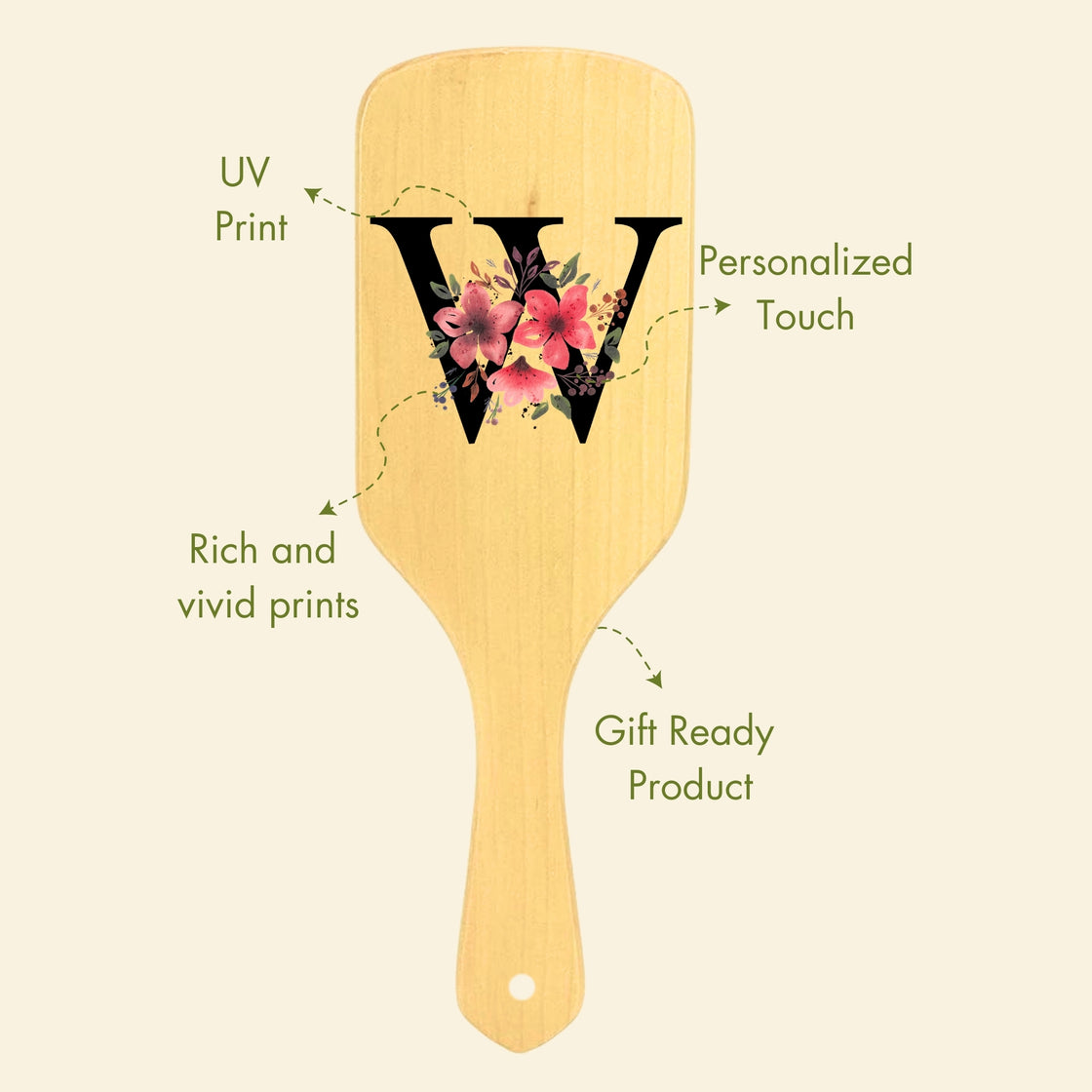 Allure Personalised wooden paddle hair brush with letter W