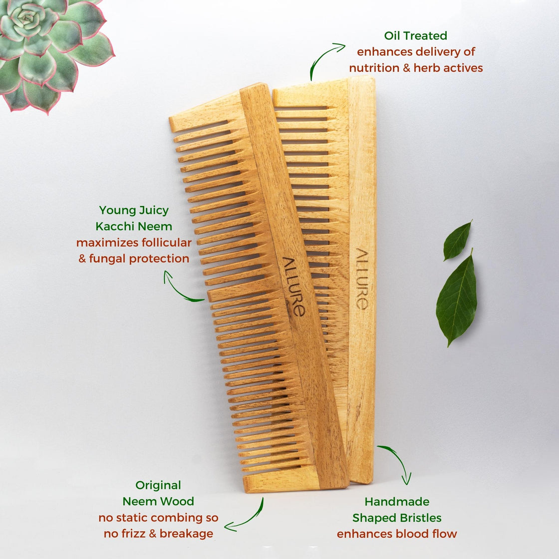 Allure Neem Wood Pack of 2 Regular Hair Combs (CR-01)