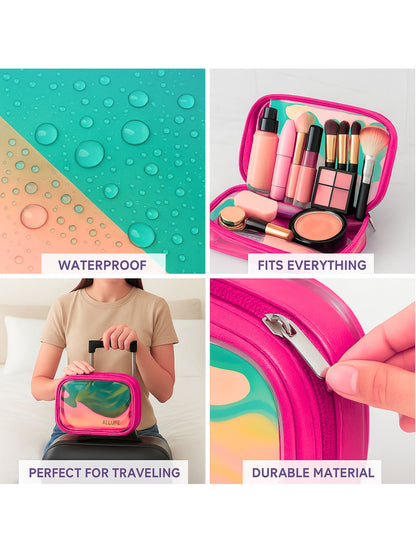 Allure Large Pink Holographic Makeup Pouch | Cosmetic Bag & Travel Organizer