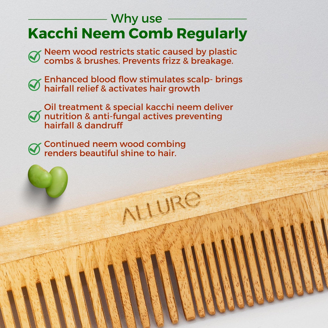 Allure Neem Wood Pack of 2 Regular Hair Combs (CR-01)