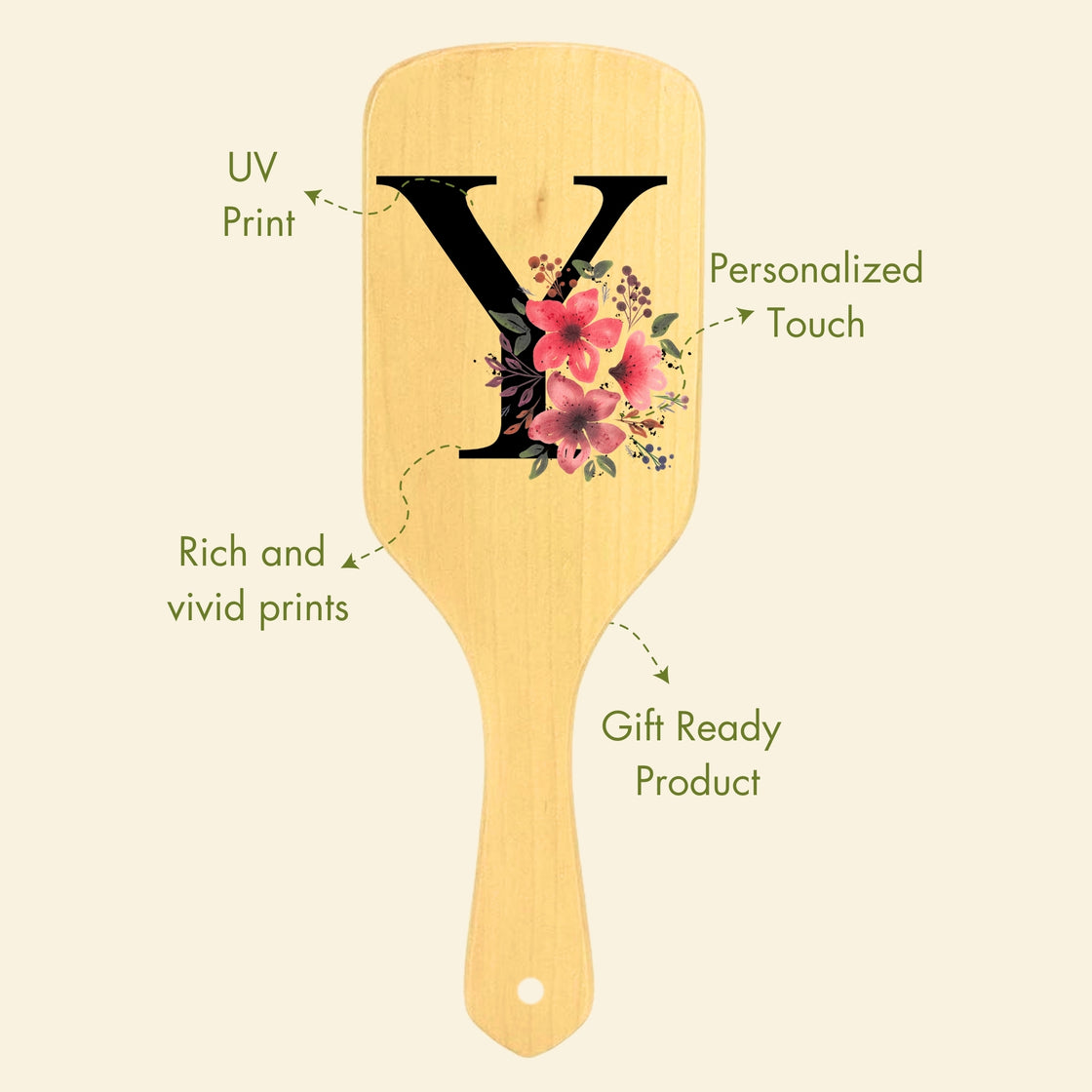 Allure Personalised wooden paddle hair brush with letter Y