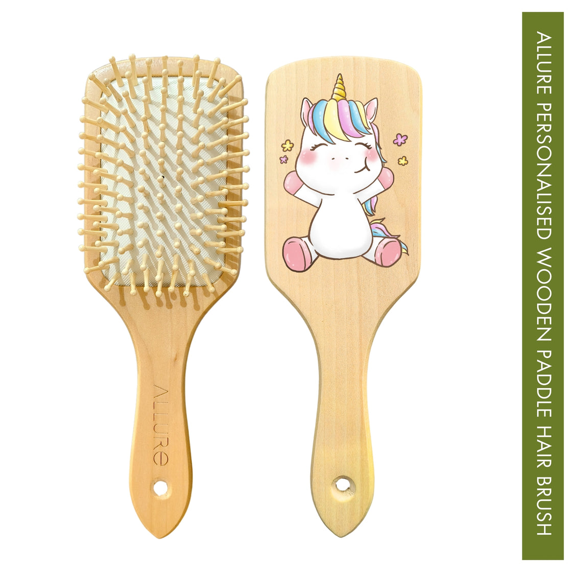 Allure Personalised wooden paddle hair brush with unicorn print