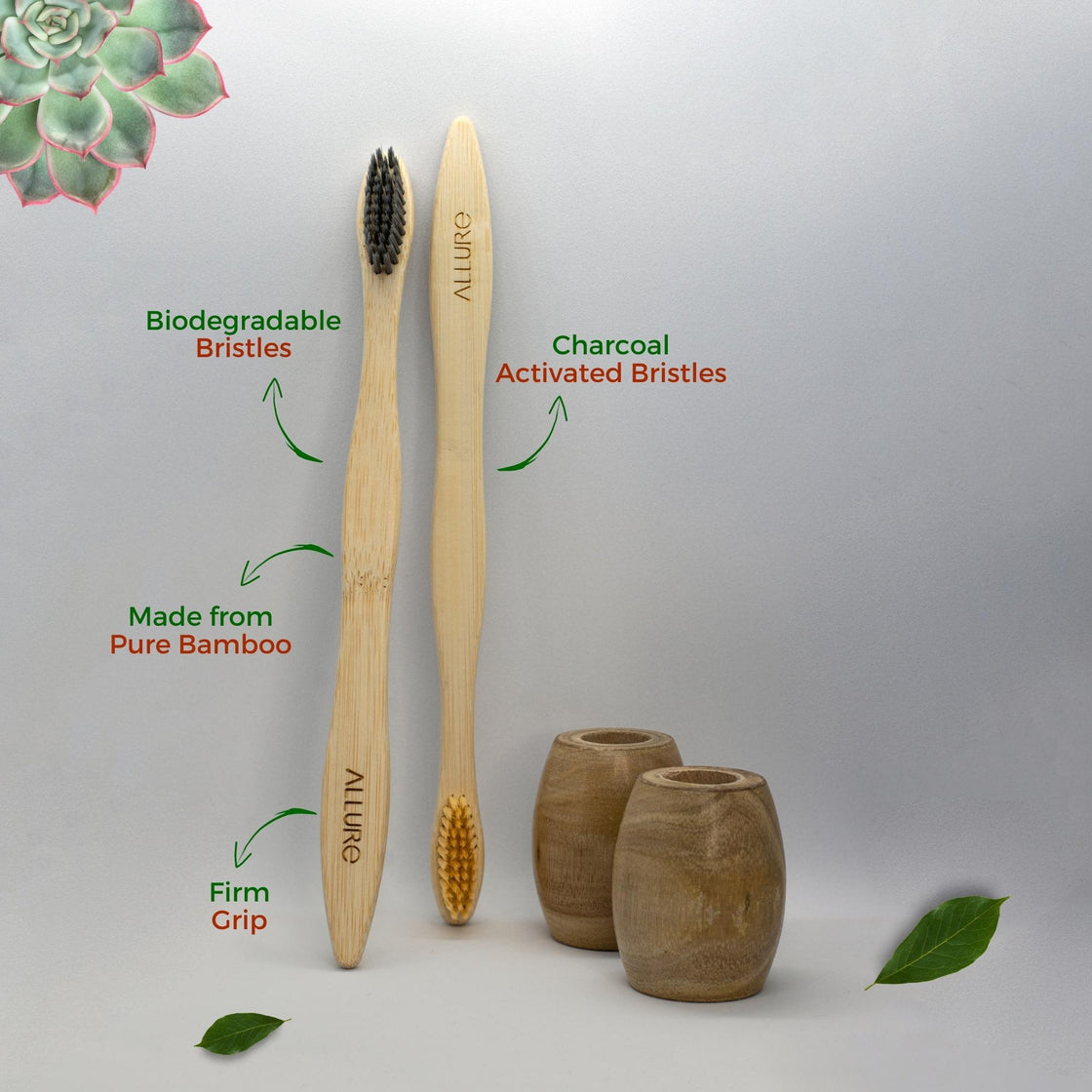 Allure Bamboo Toothbrush and wooden toothbrush Stand (Pack of 2)