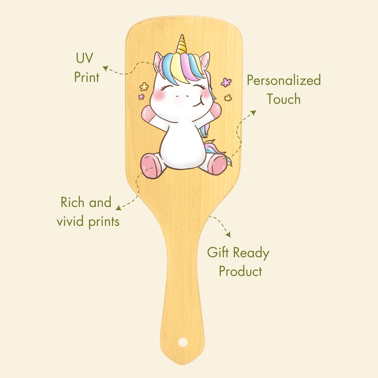 Allure Personalised wooden paddle hair brush with unicorn print