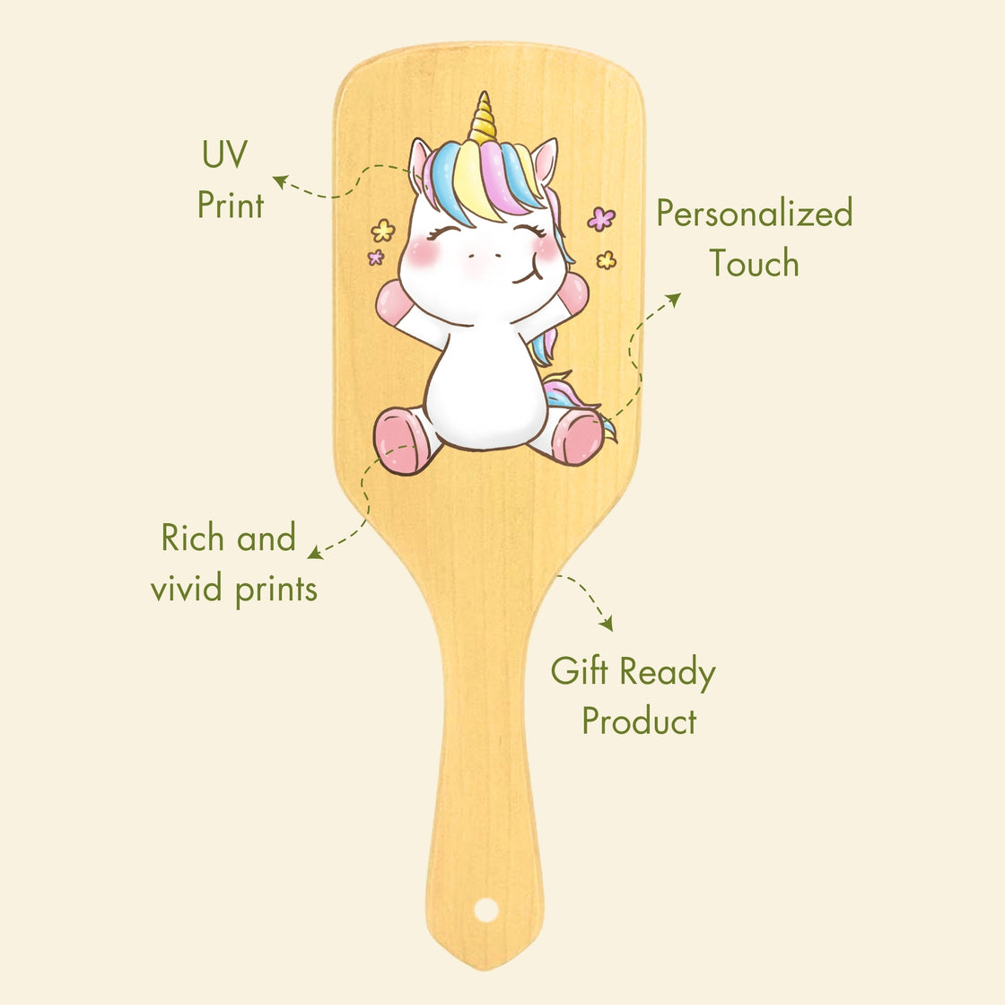 Allure Personalised wooden paddle hair brush with unicorn print