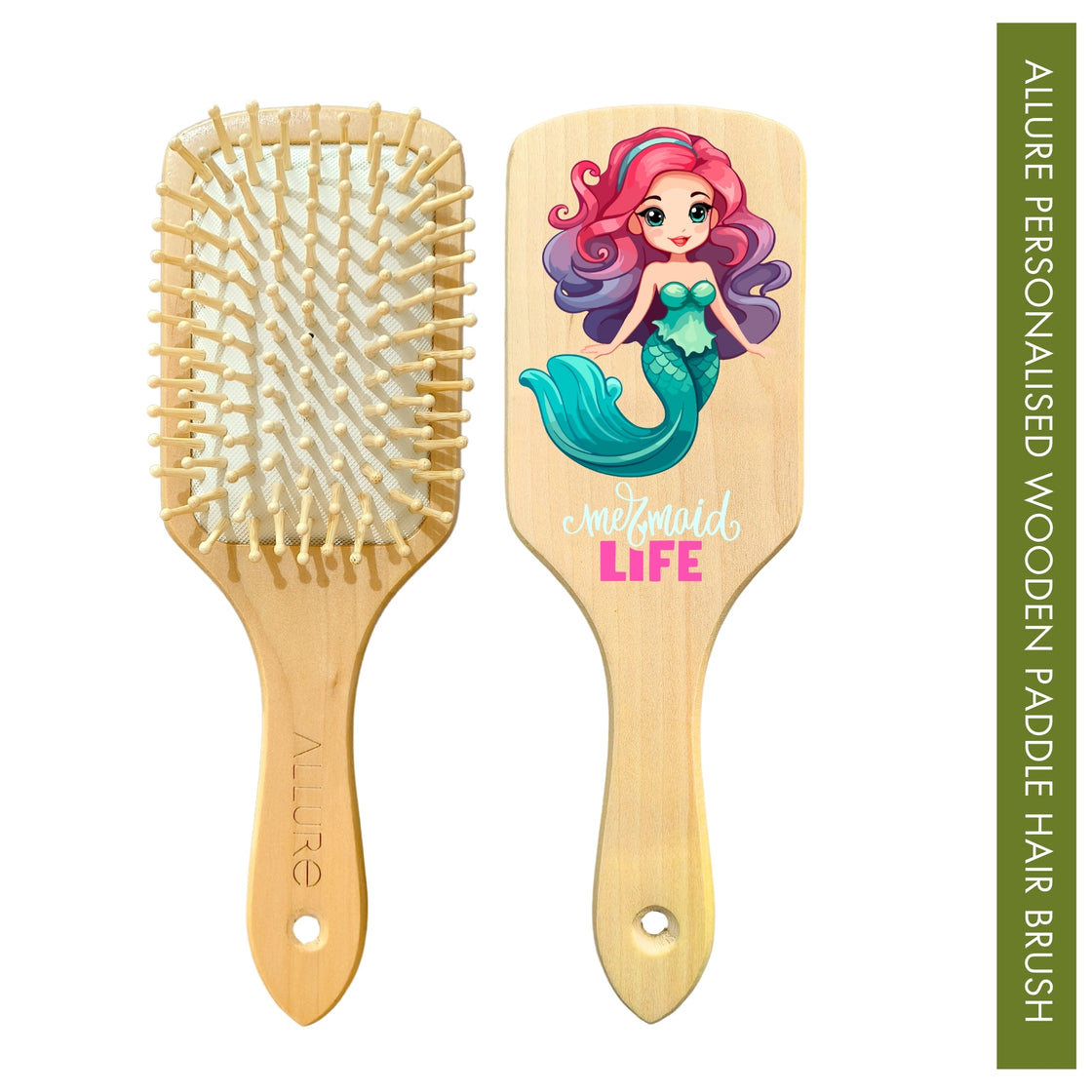 Allure Personalised wooden paddle hair brush with mermaid print