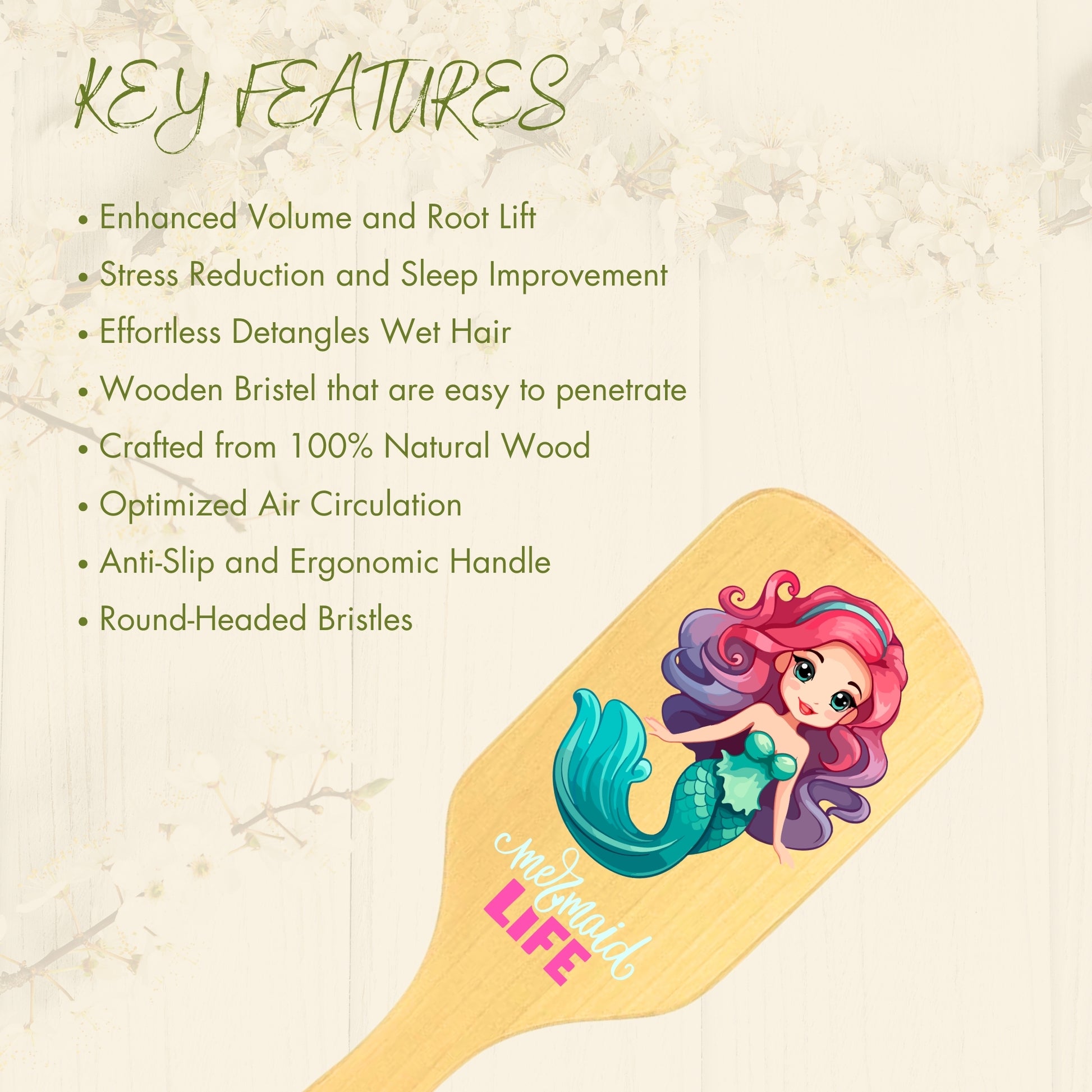 Allure Personalised wooden paddle hair brush with mermaid print