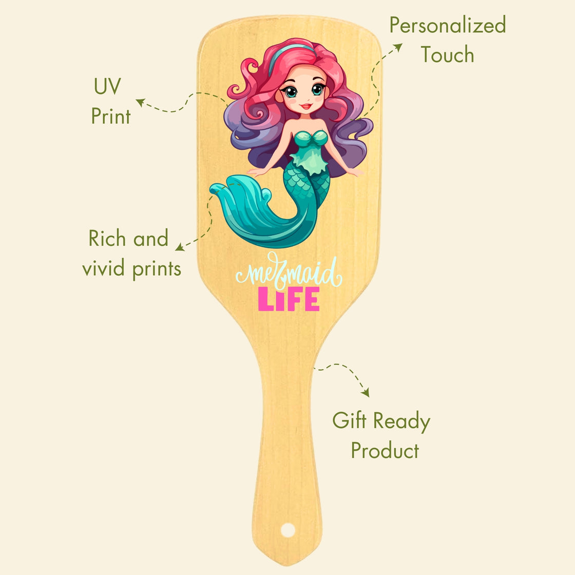 Allure Personalised wooden paddle hair brush with mermaid print