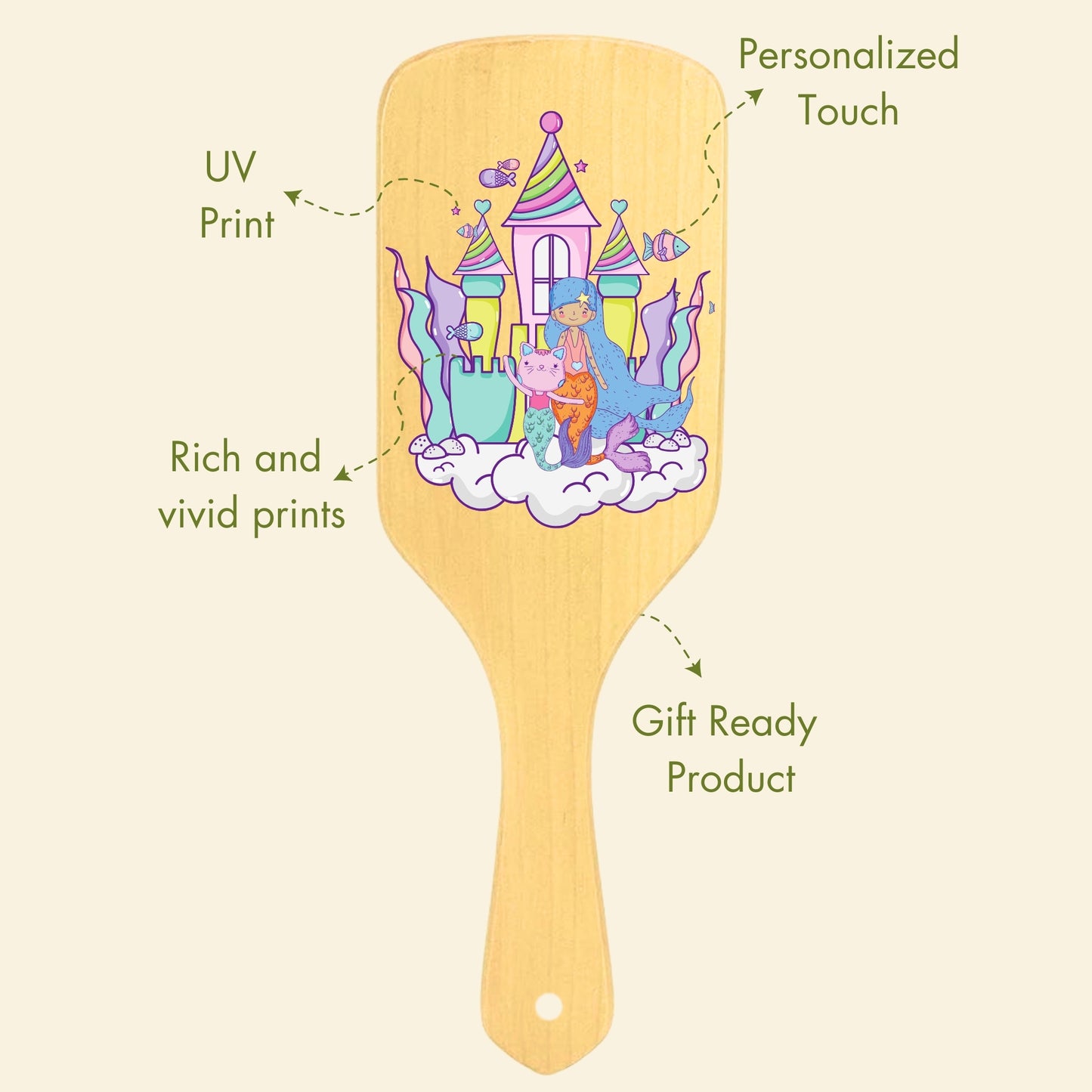 Allure Personalised wooden paddle hair brush with sea house print 
