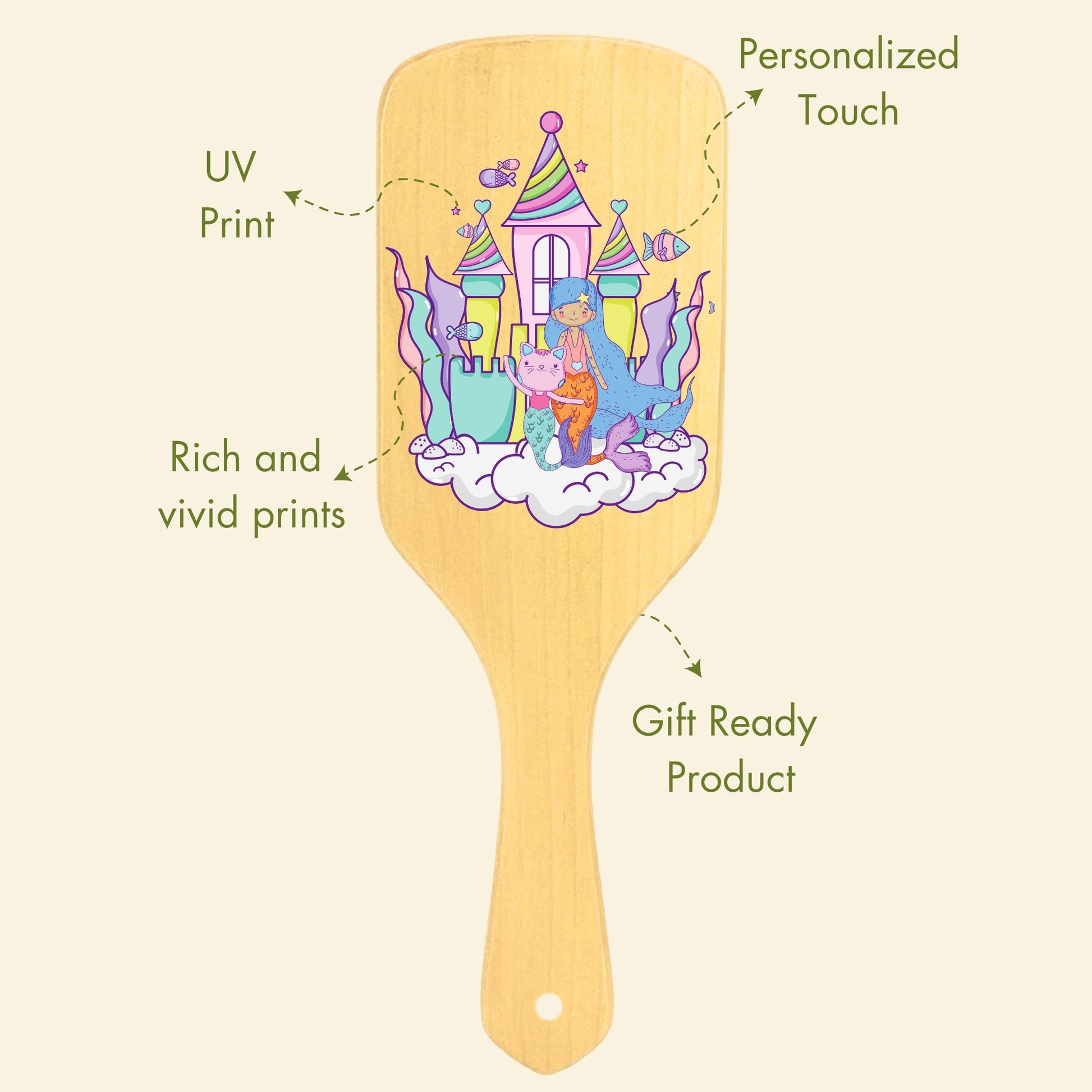 Allure Personalised wooden paddle hair brush with sea house print 