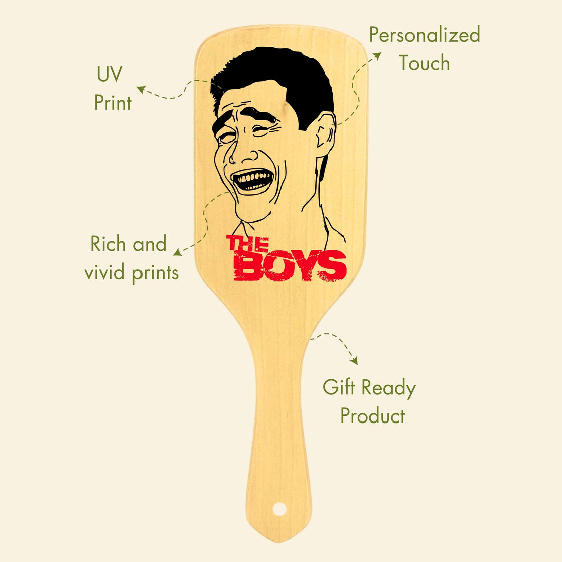 Allure Personalised wooden paddle hair brush with the boys print
