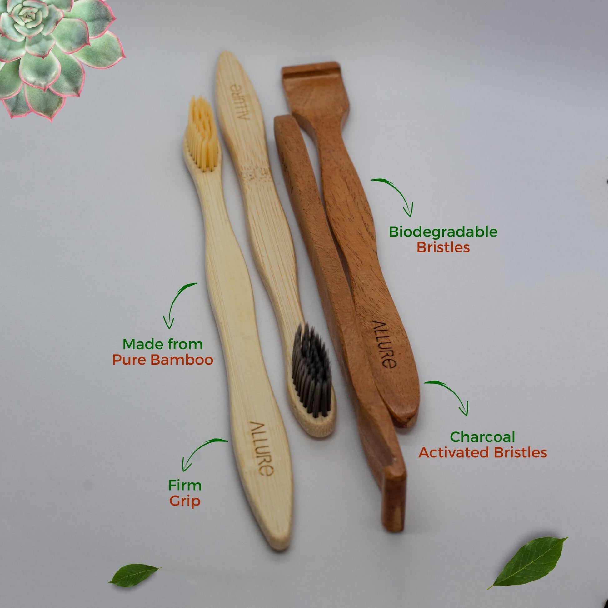 Allure Pack of 4 Bamboo Toothbrush and Wooden Tounge Cleaner (OT-01+02+OTC)