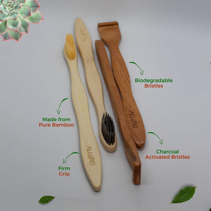 Allure Pack of 4 Bamboo Toothbrush and Wooden Tounge Cleaner (OT-01+02+OTC)