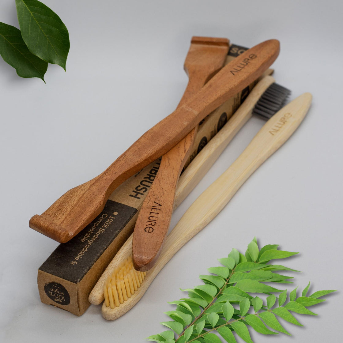 Allure Pack of 4 Bamboo Toothbrush and Wooden Tounge Cleaner (OT-01+02+OTC)
