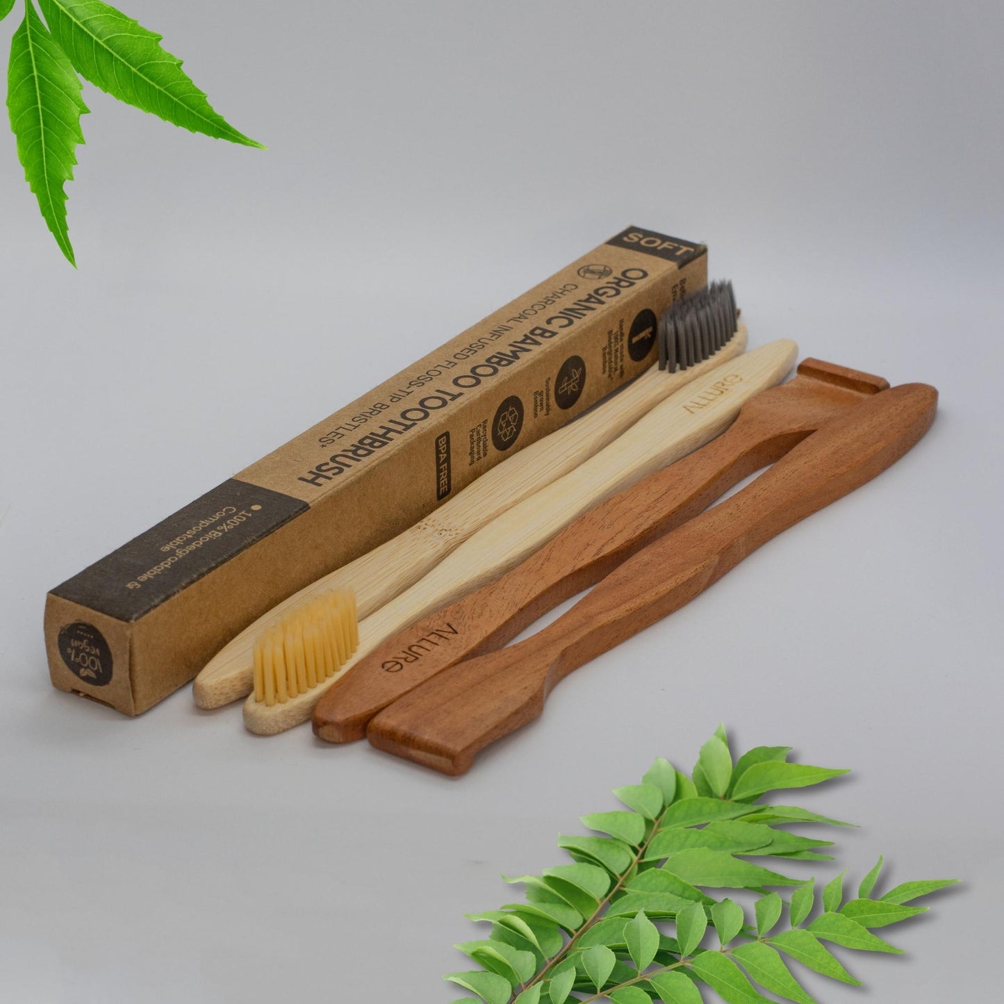 Allure Pack of 4 Bamboo Toothbrush and Wooden Tounge Cleaner (OT-01+02+OTC)