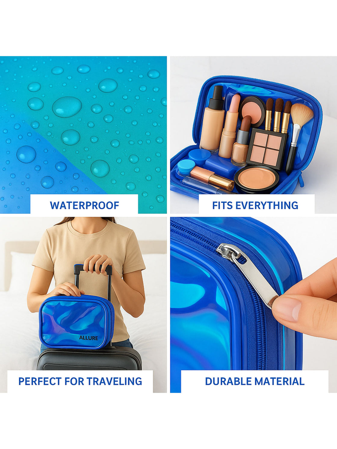 Allure Small Blue Holographic Makeup Pouch | Cosmetic Bag & Travel Organizer