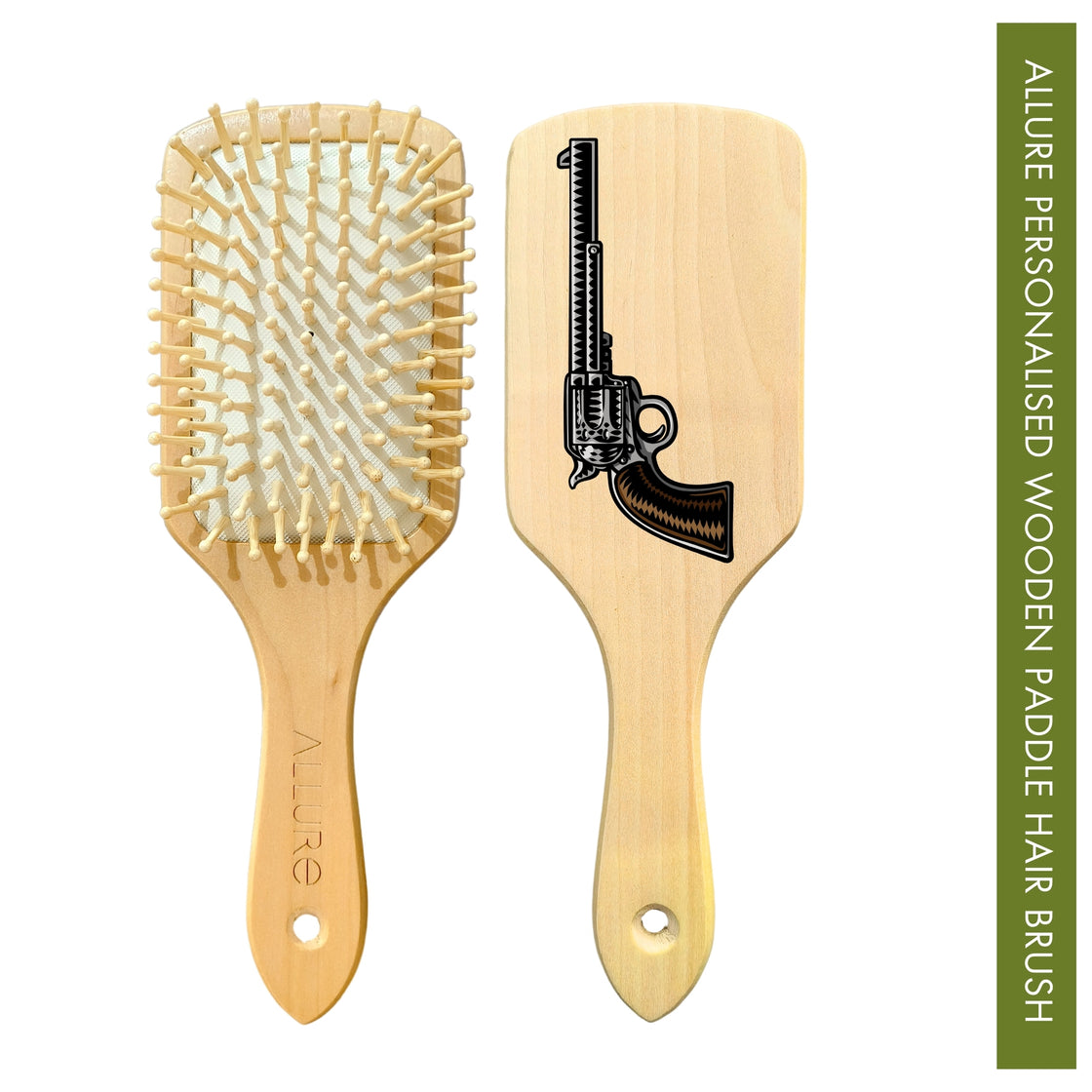 Allure Personalised wooden paddle hair brush with gun print