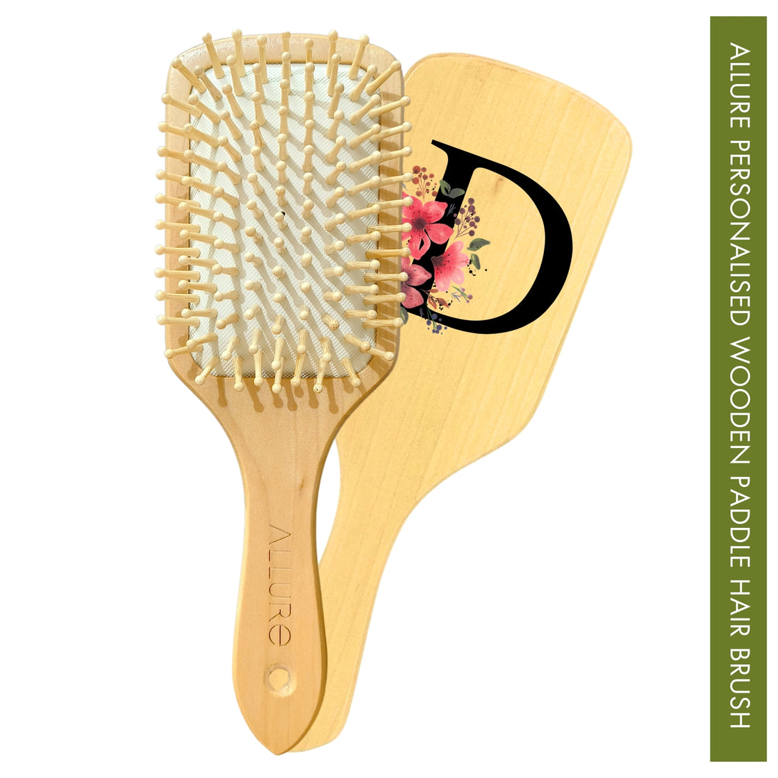 Allure Personalised wooden paddle hair brush with letter D