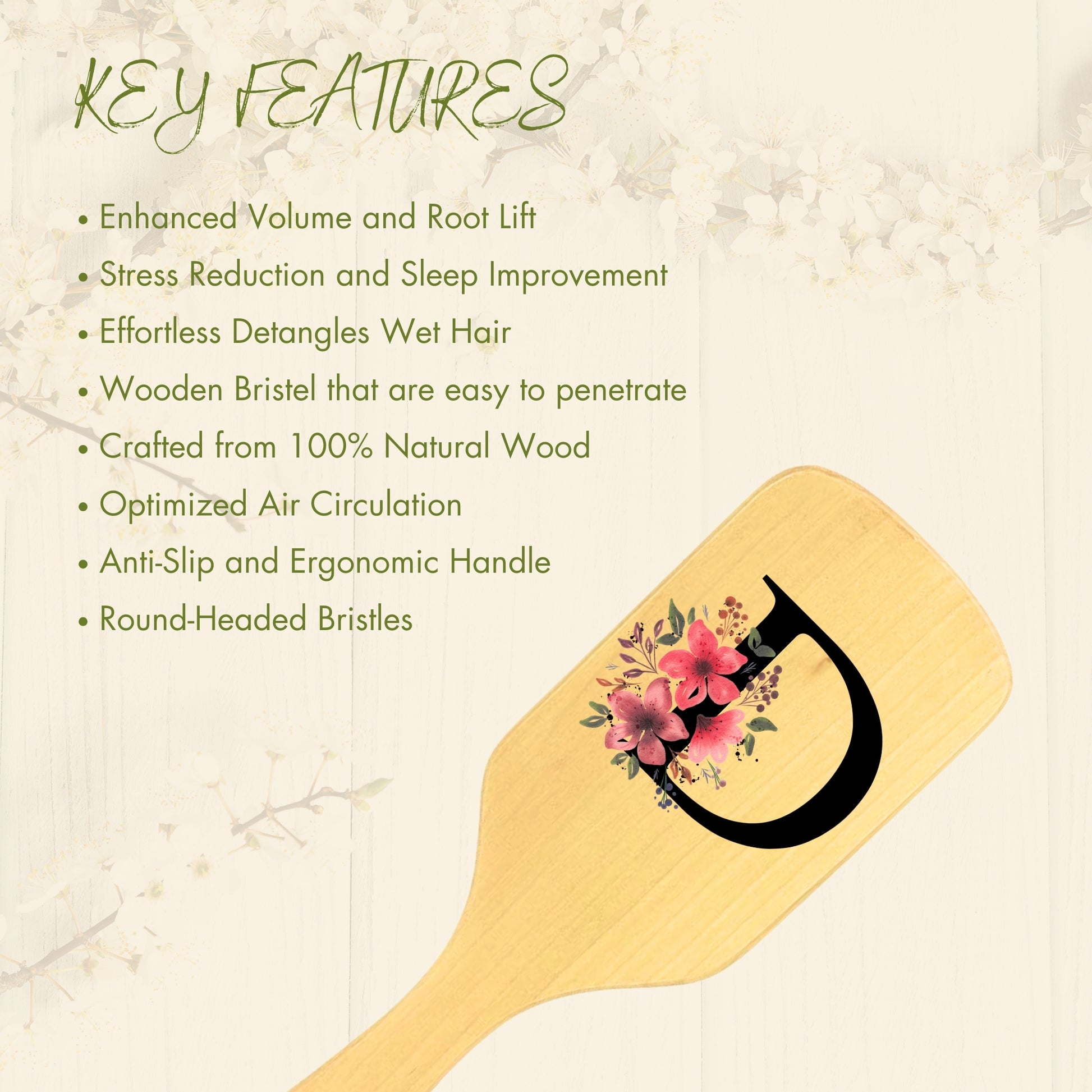 Allure Personalised wooden paddle hair brush with letter D