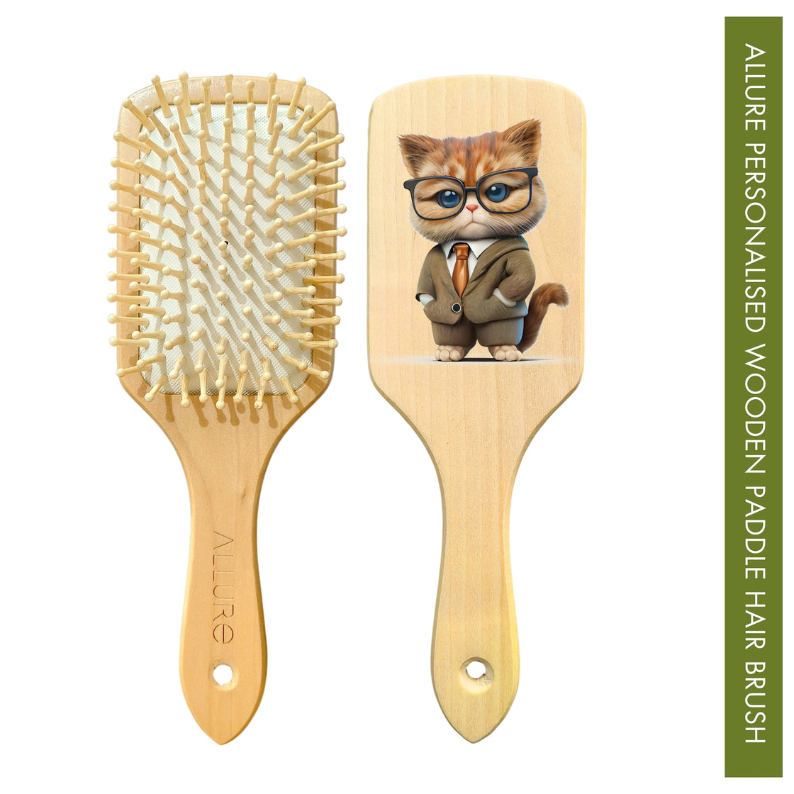 Allure Personalised wooden paddle hair brush with boss cat print