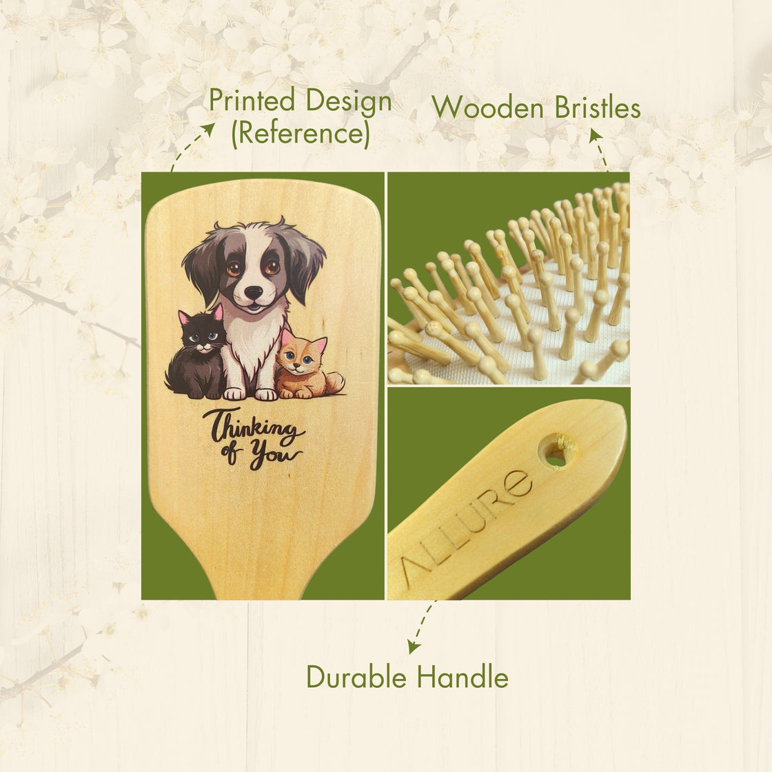 Allure Personalised wooden paddle hair brush with boss cat print