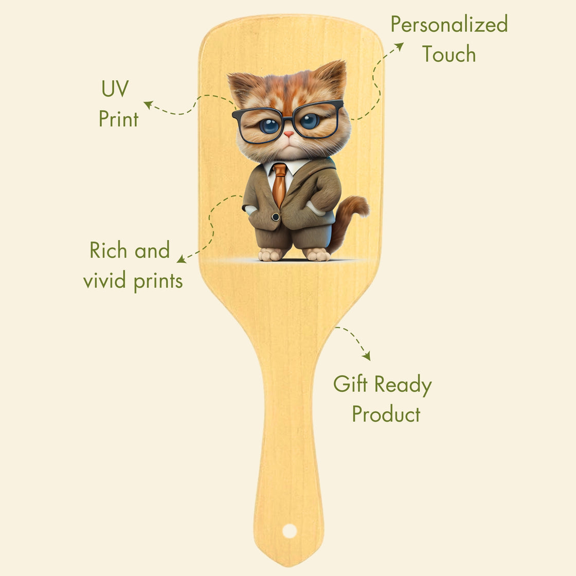 Allure Personalised wooden paddle hair brush with boss cat print