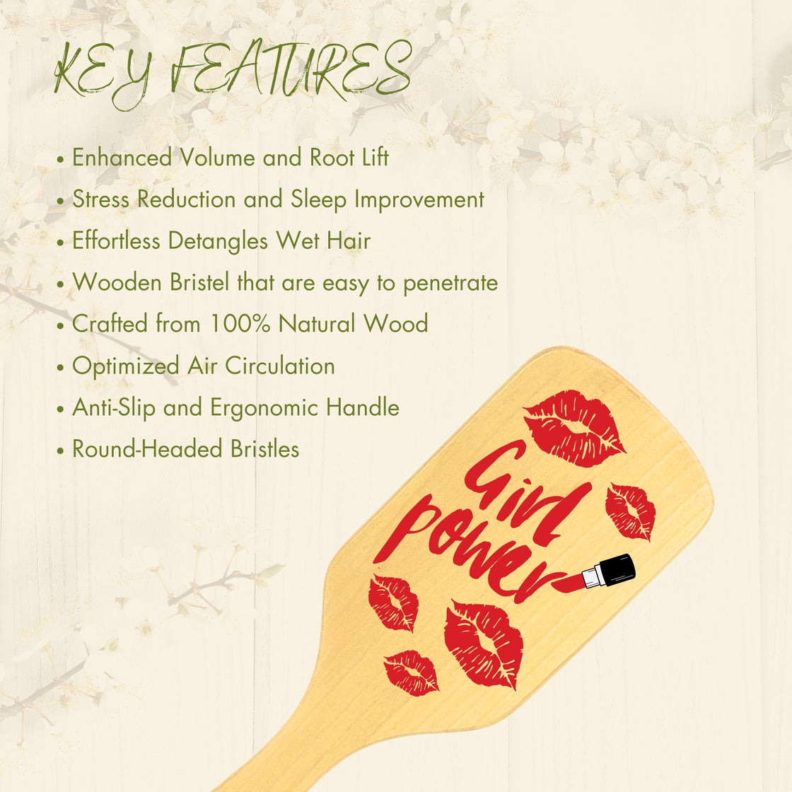 Allure Personalised wooden paddle hair brush girl power print