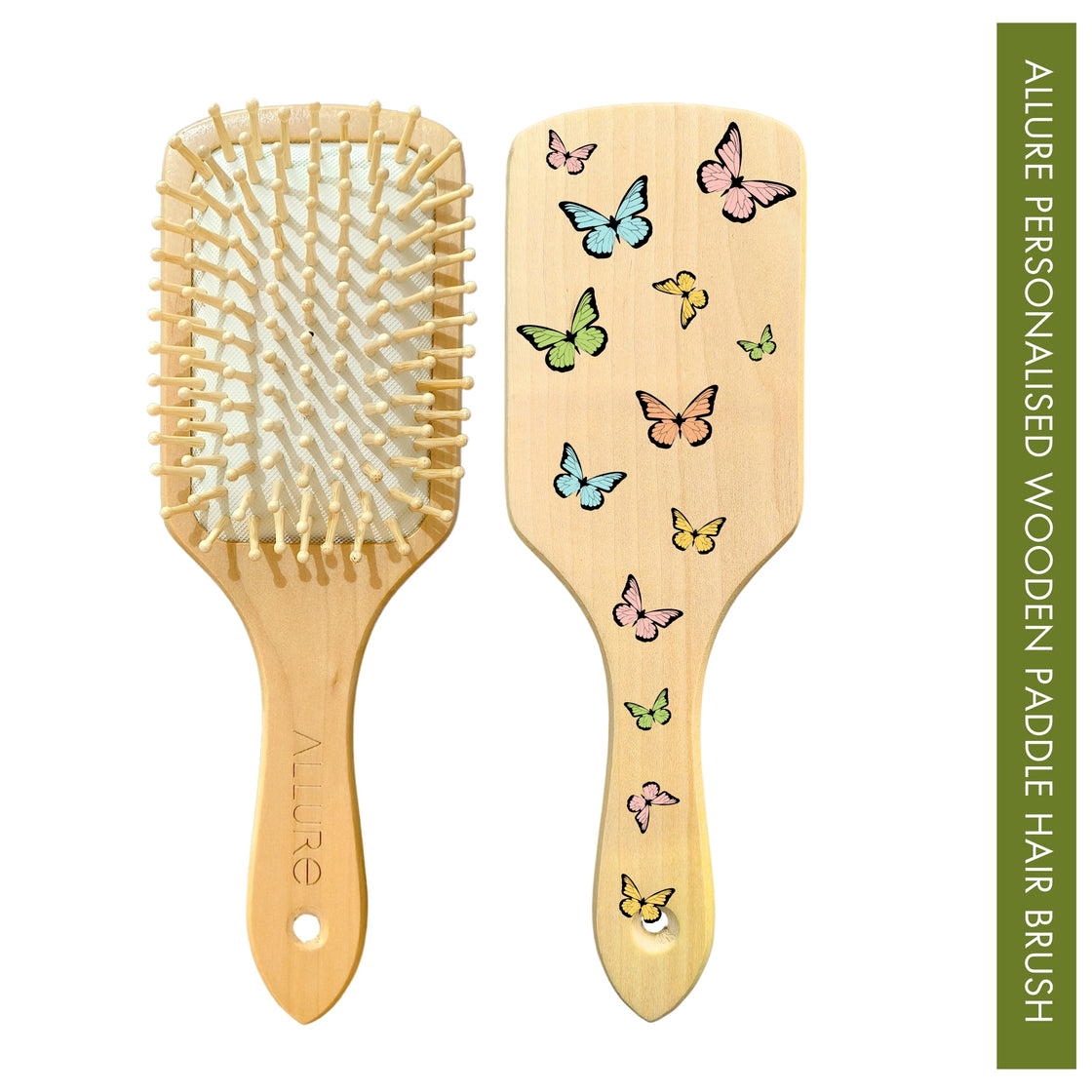 Allure Personalised wooden paddle hair brush butterfly print