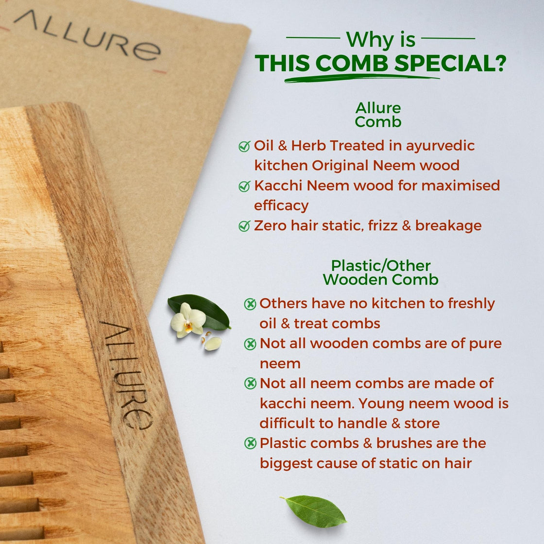 Allure Neem Wood Detangle Hair Combs (CD-01) Pack of 2