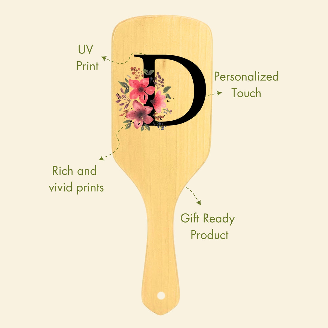 Allure Personalised wooden paddle hair brush with letter D