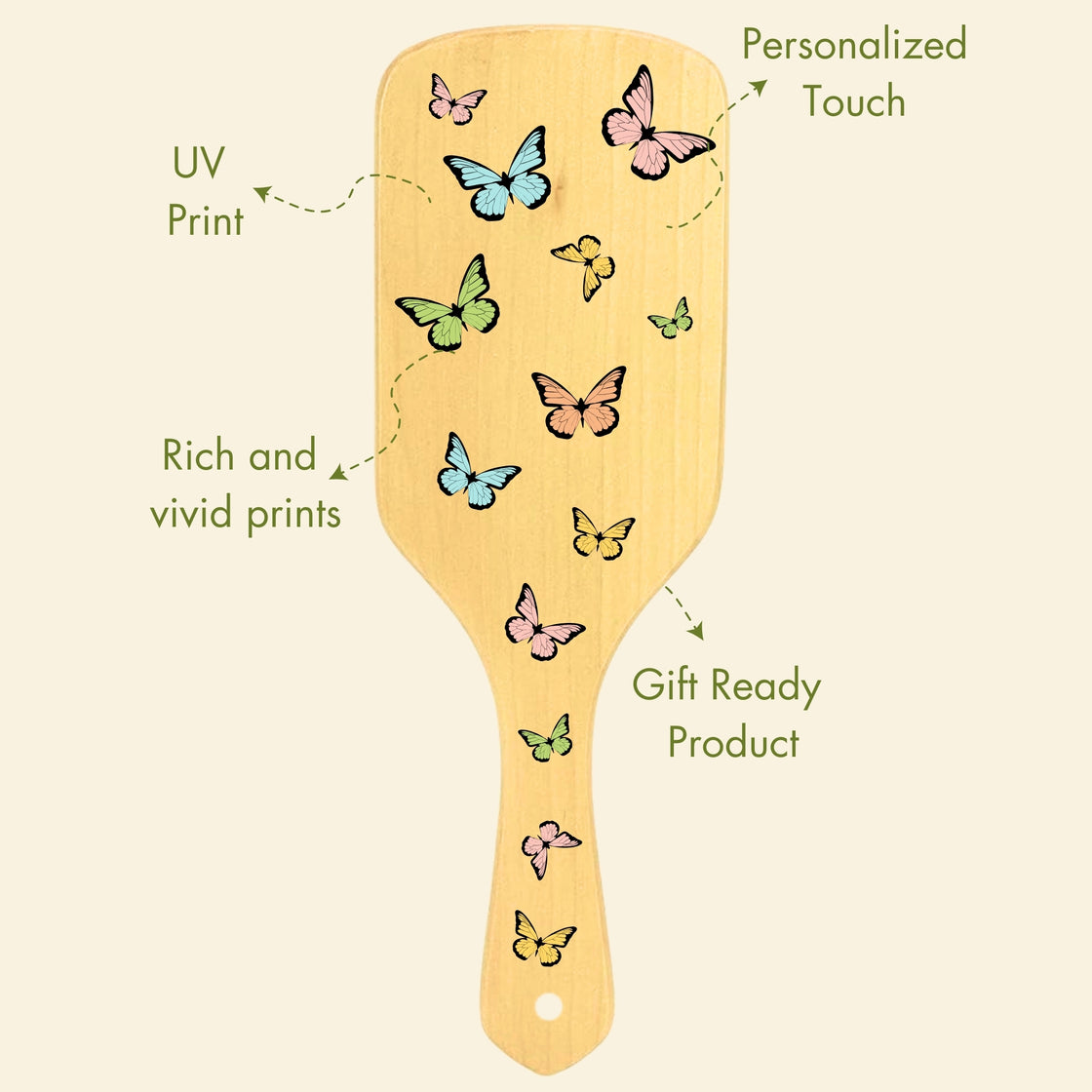Allure Personalised wooden paddle hair brush butterfly print