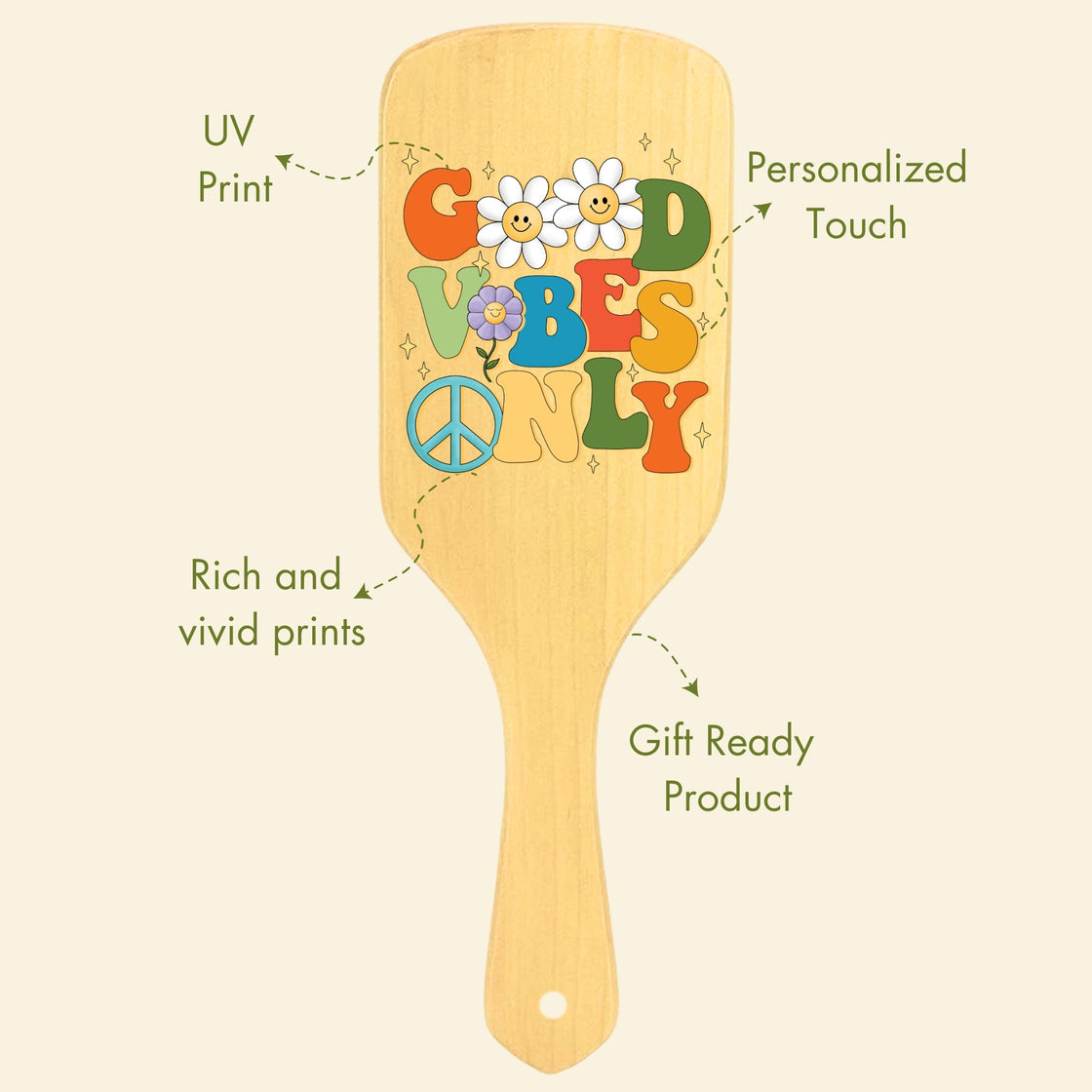 Allure Personalised wooden paddle hair brush with good vibes print