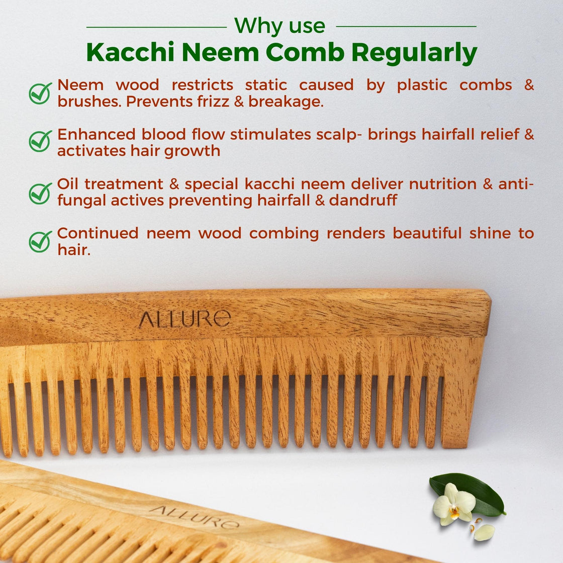 Allure Neem Wood Detangle Hair Combs (CD-01) Pack of 2