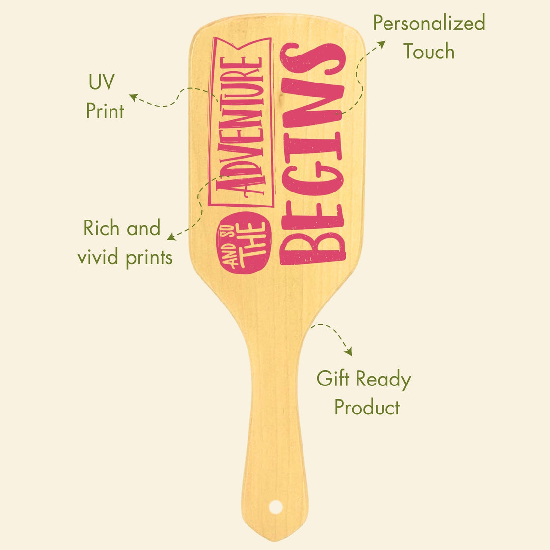 Allure Personalised wooden paddle hair brush with adventure print