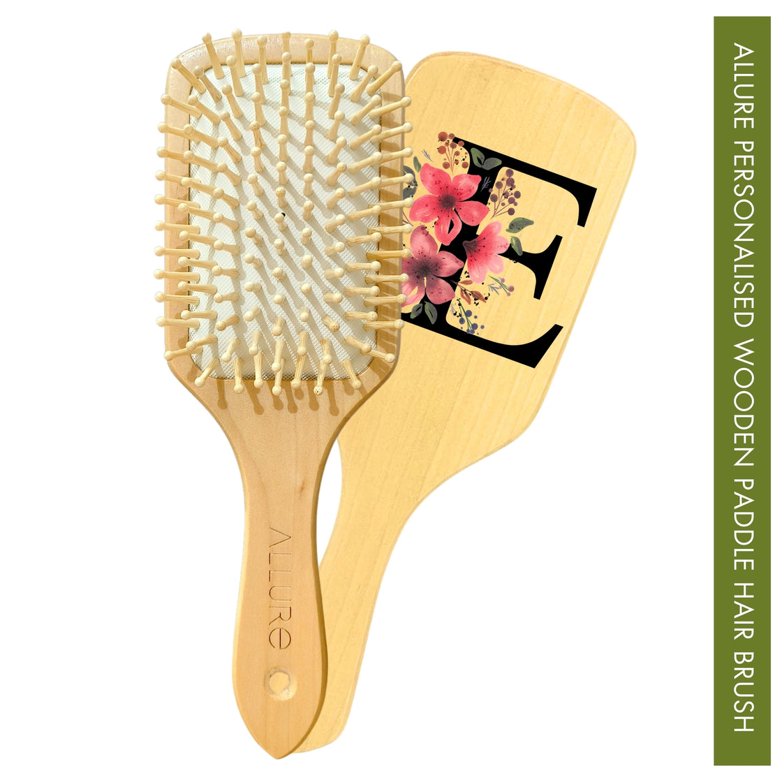 Allure Personalised wooden paddle hair brush with letter E