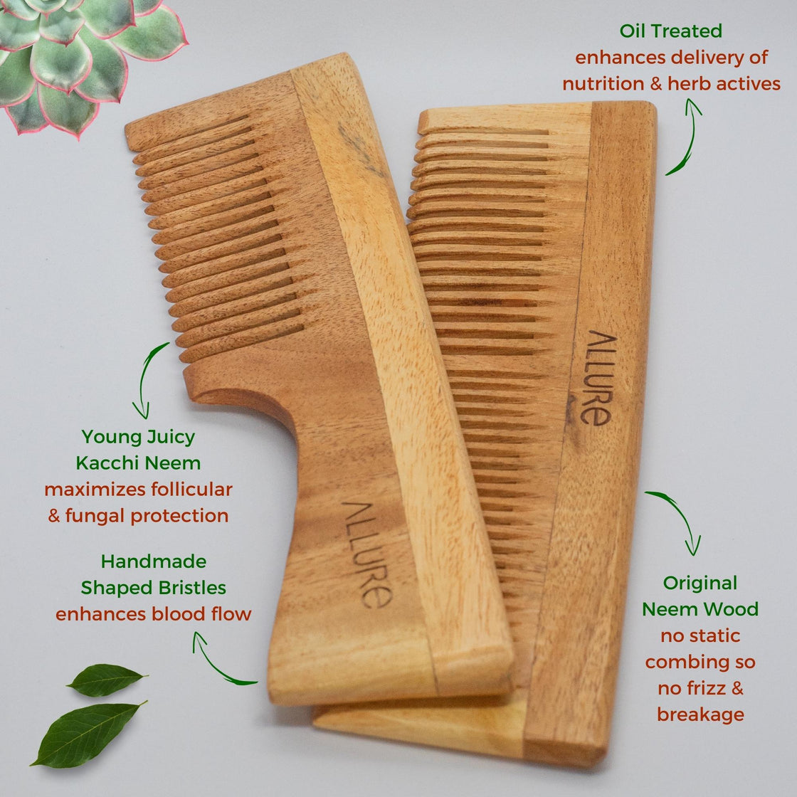 Allure Neem Wood Detangle Hair Combs (CD-02+CR-01)