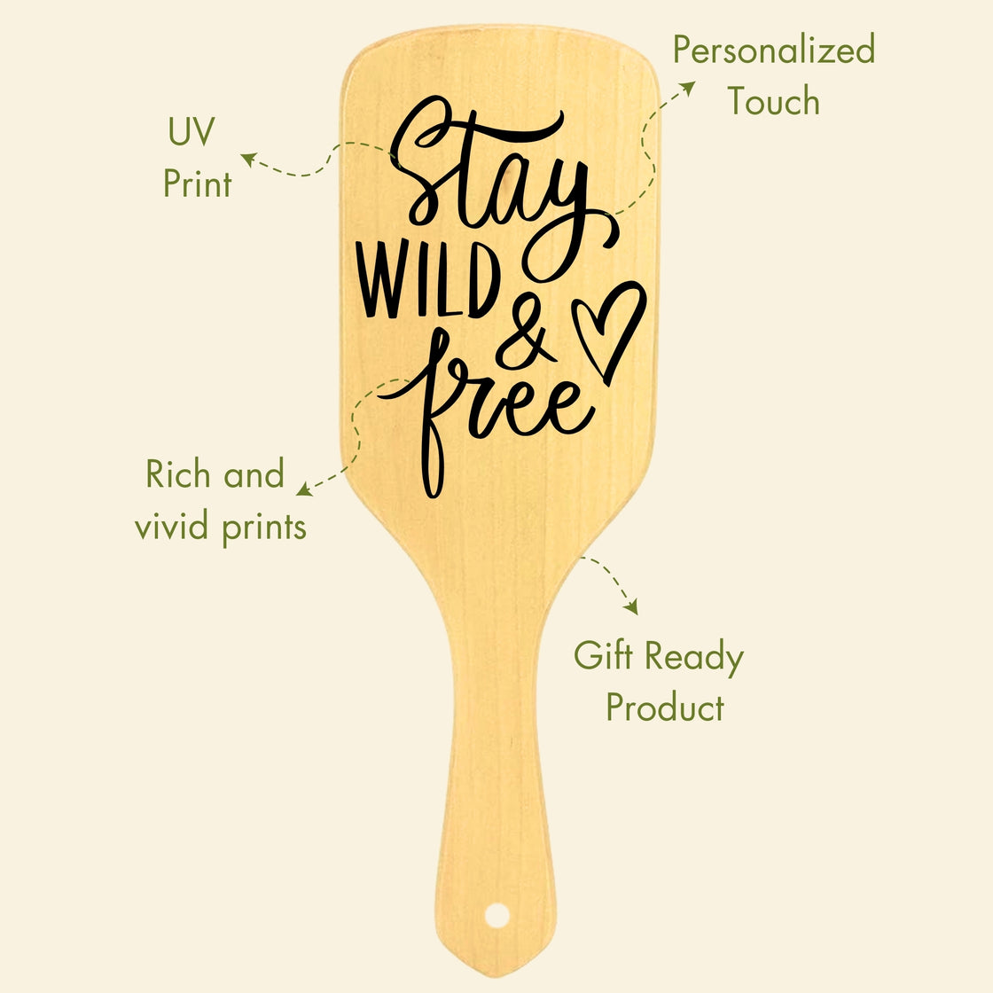 Allure Personalised wooden paddle hair brush with stay wild and free print